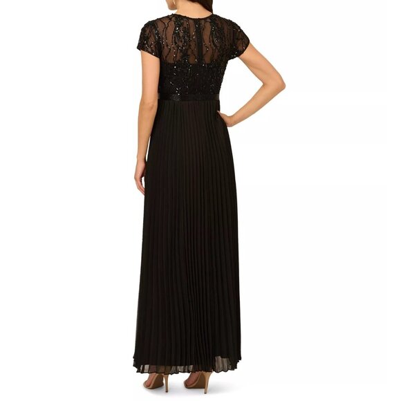 Adrianna Papell Womens Crew Neck Bead Pleat Long Dress Black Size 12P NEW - Picture 2 of 5